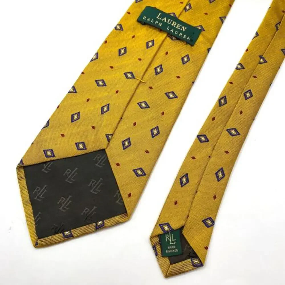Vintage Lauren Ralph Lauren Men Silk Tie Necktie Mustard Gold Geometric USA Made